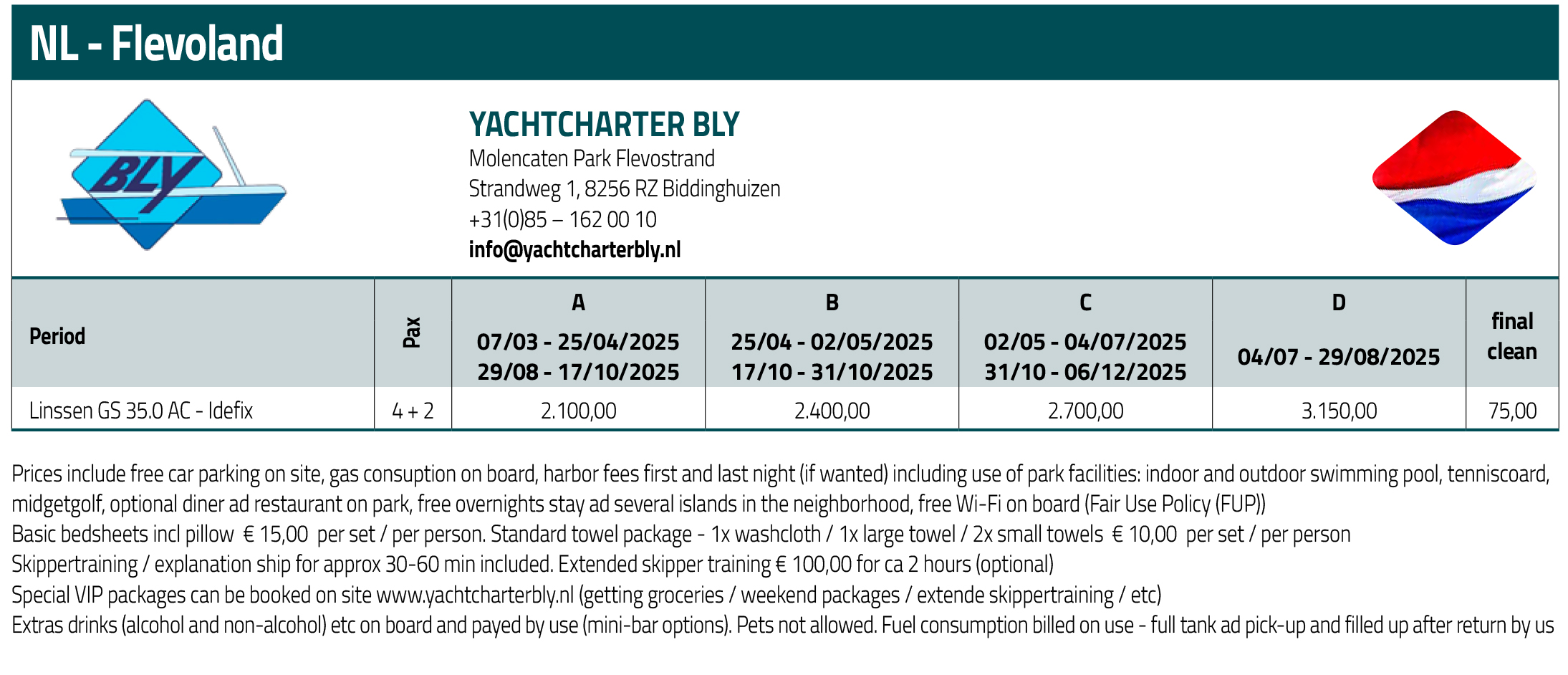 prijslijst nl yachtcharter bly